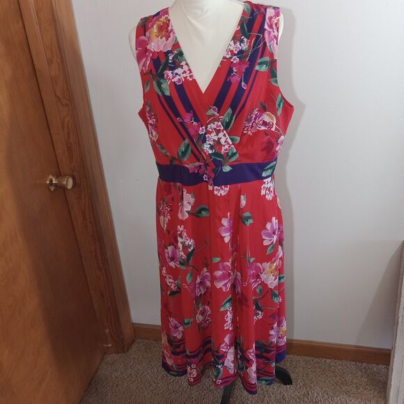Chris McLaughlin Size 16 Dress Red Pink White Floral Maxi Faux Wraparound - Picture 1 of 15
